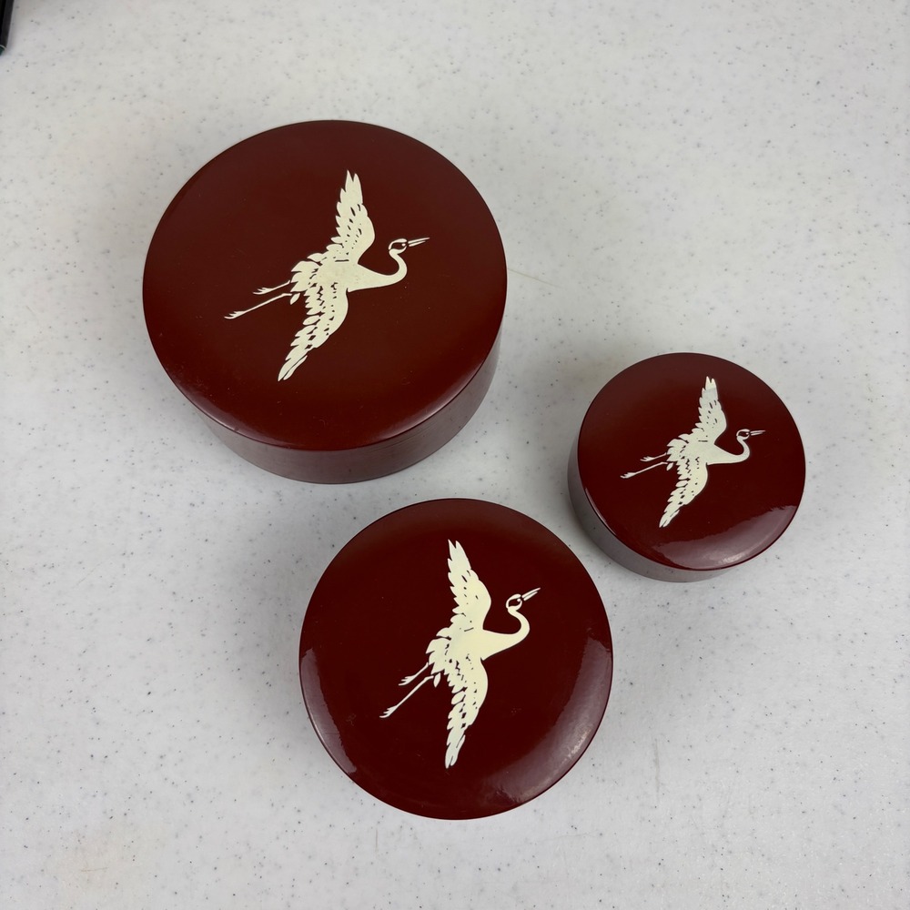 Asahi Sato Gordon Japan Lacquerware Nesting‎ Boxes Crane Red Burgundy 3pc Set